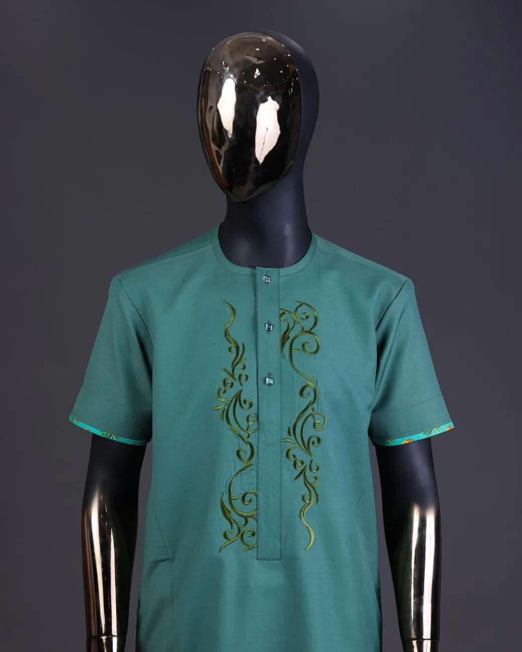 A Sea green, floral embroidery with matching Swarovski button detailing kaftan