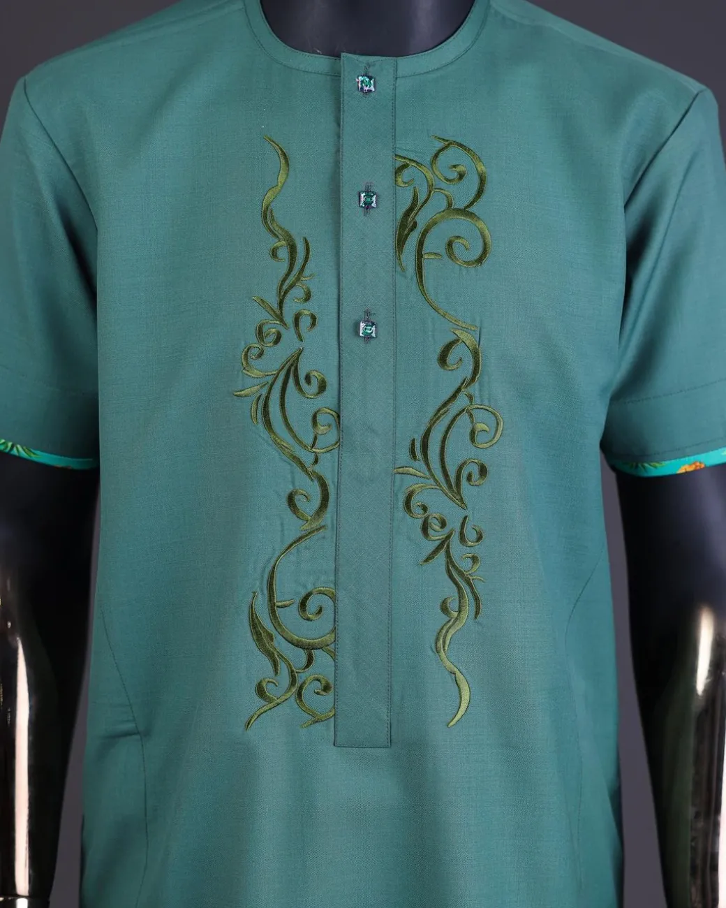 A Sea green, floral embroidery with matching Swarovski button detailing kaftan