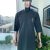 A seaweed green, front flap design & Swarovski button details, hand embroidery african traditional senator kaftan native.