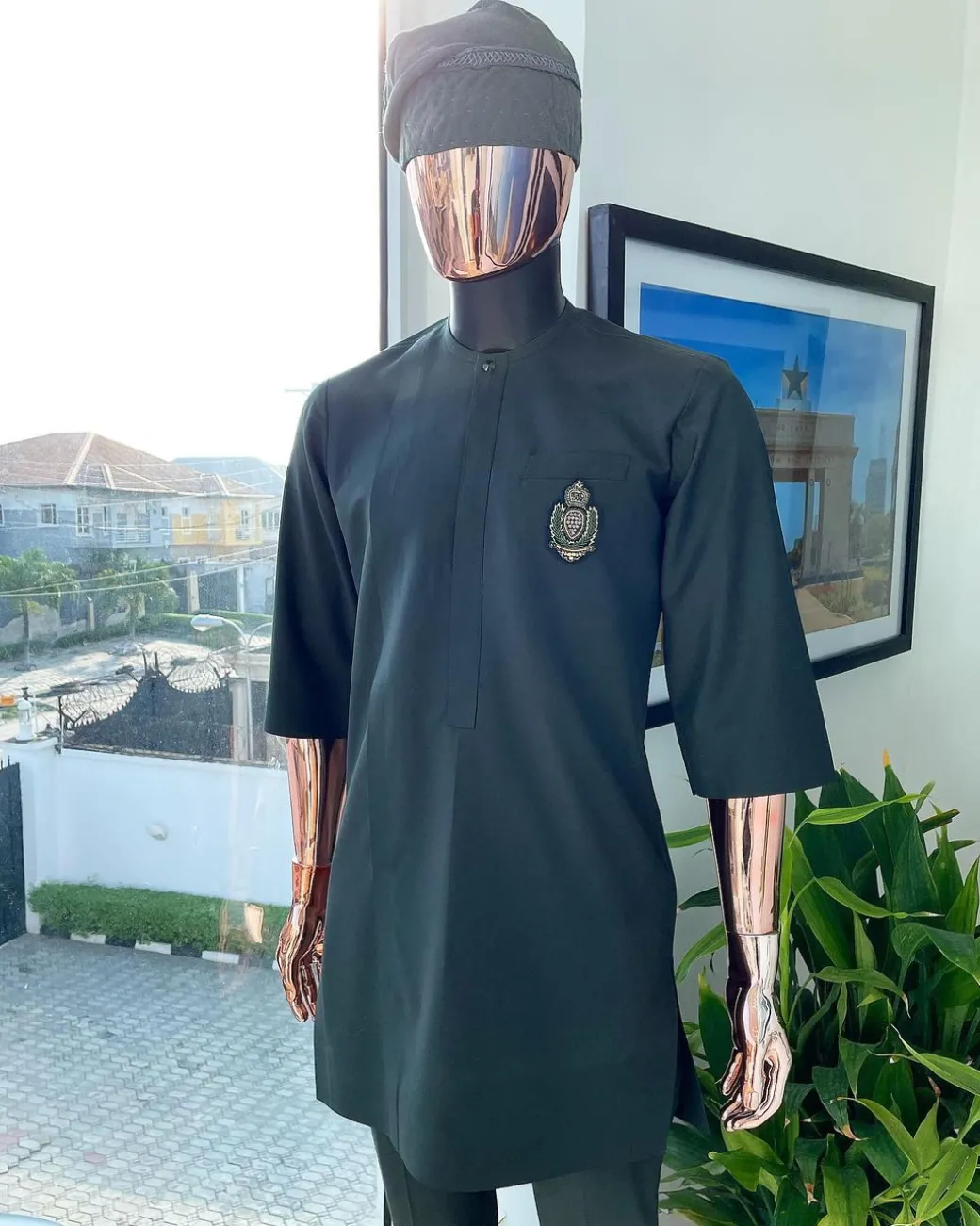 A seaweed green, front flap design & Swarovski button details, hand embroidery african traditional senator kaftan native.