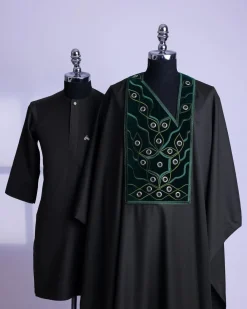 A seaweed green, grommet eyelet on dropping octa embroidery details Agbada
