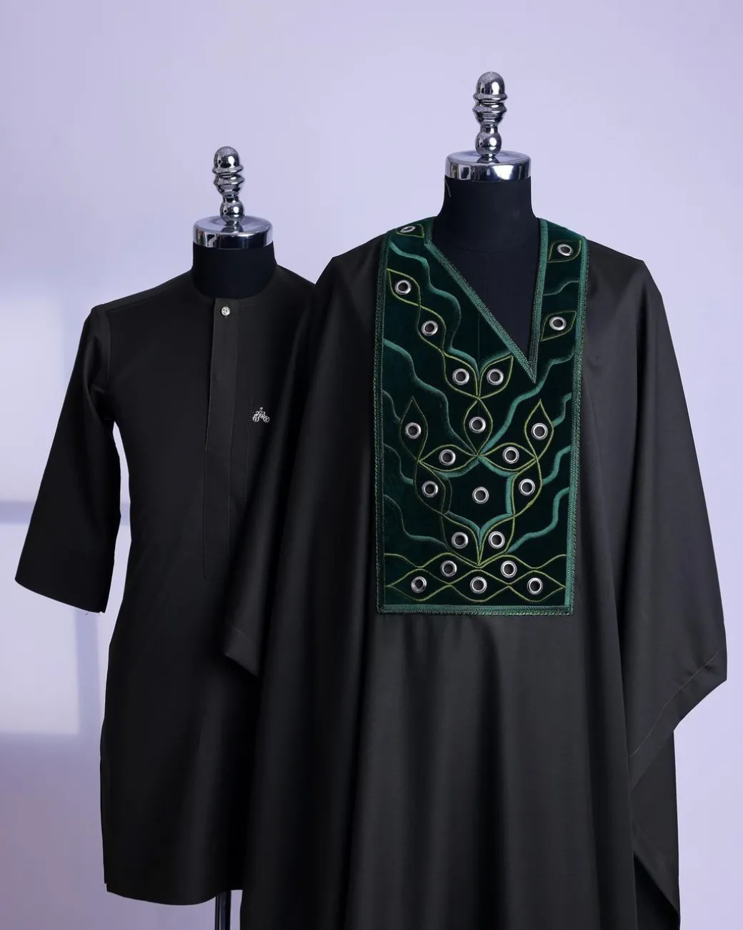 A seaweed green, grommet eyelet on dropping octa embroidery details Agbada