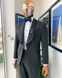 A Seaweed Green Shawl Satin Taped Lapel Tuxedo Suit.