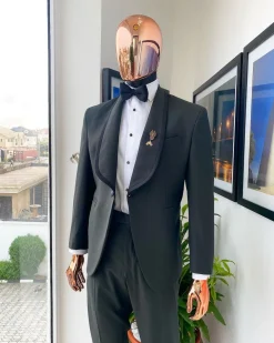 A Seaweed Green Shawl Satin Taped Lapel Tuxedo Suit.