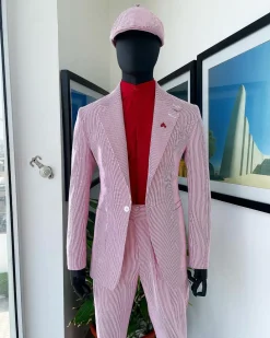 A seersucker (rail road stripe) notch lapel suit with patch pocket
