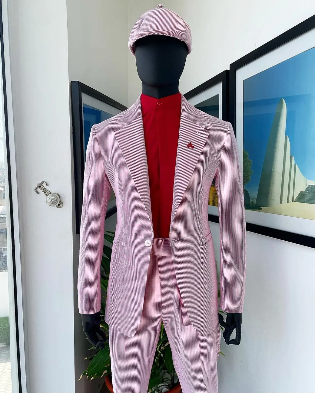 A seersucker (rail road stripe) notch lapel suit with patch pocket