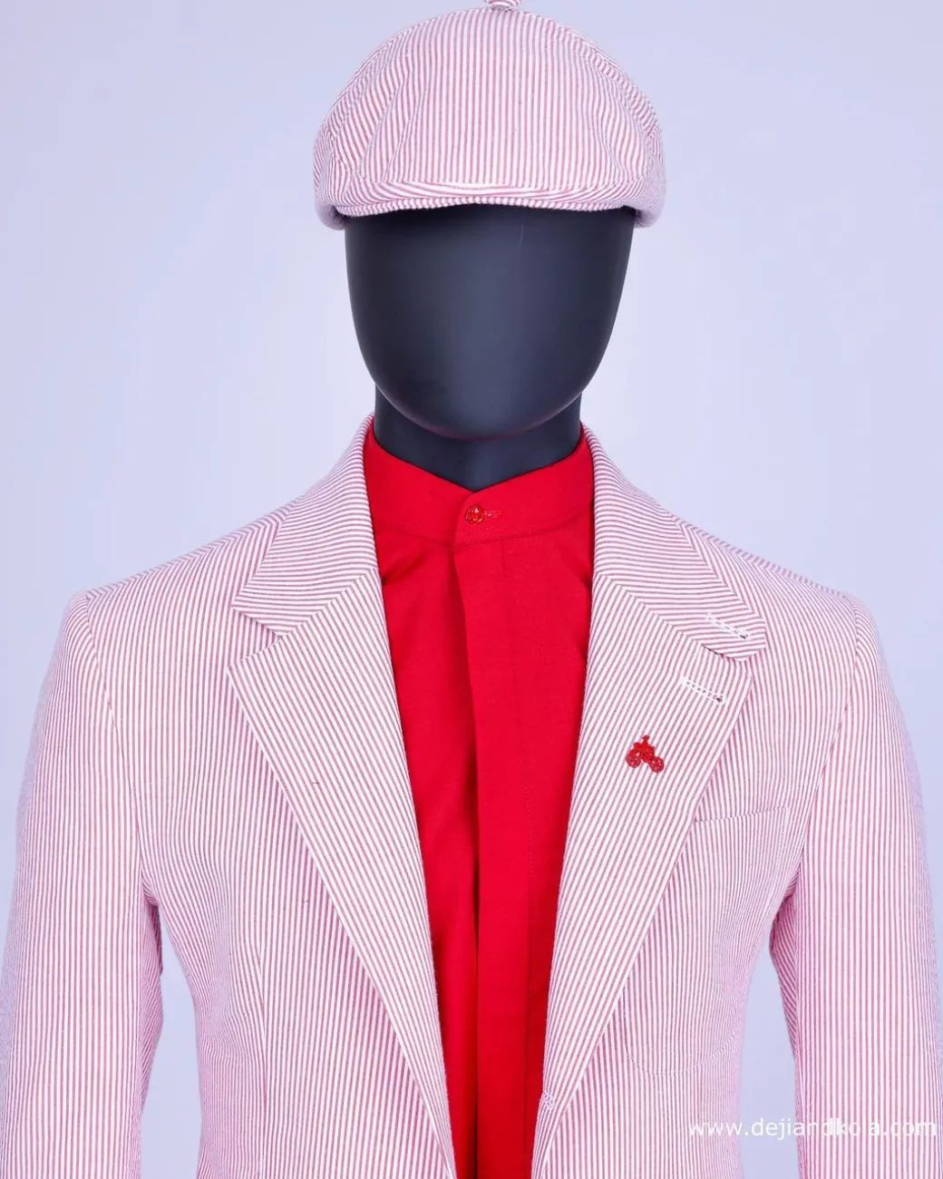 A seersucker (rail road stripe) notch lapel suit with patch pocket