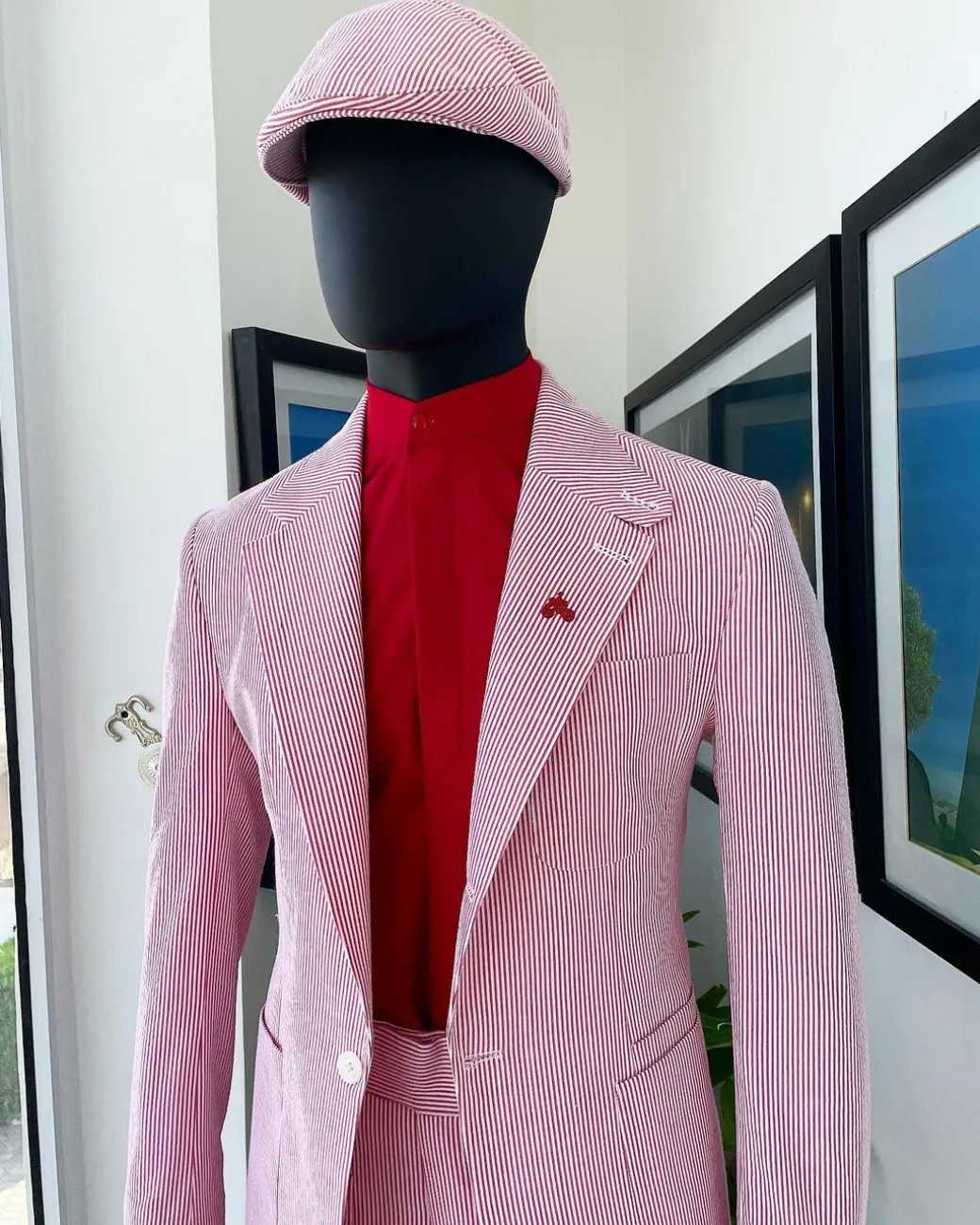 A seersucker (rail road stripe) notch lapel suit with patch pocket