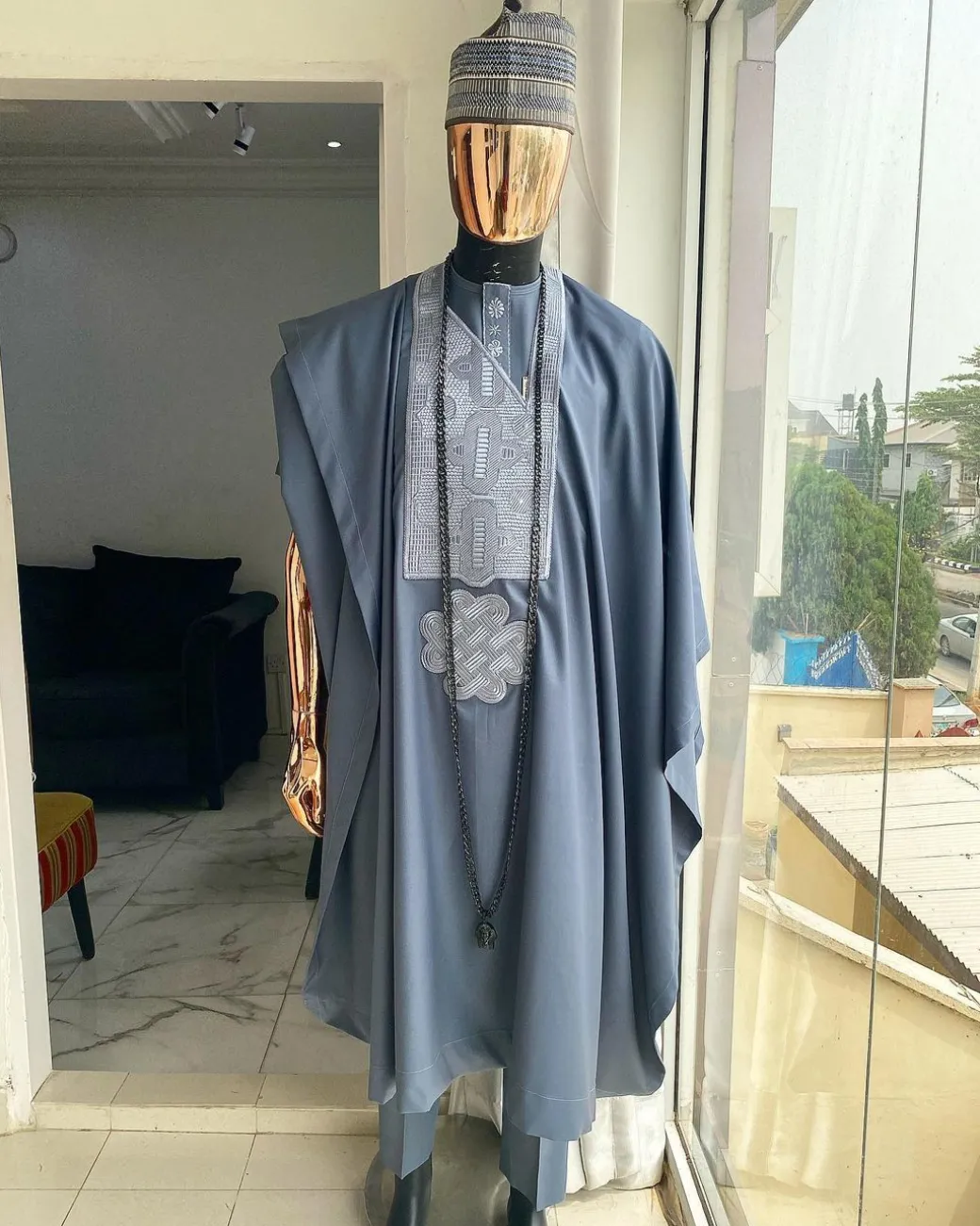 A Shade of Grey Agbada, matching Hausa Fulani Hat, senator kaftan and sokoto