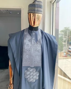 A Shade of Grey Agbada, matching Hausa Fulani Hat, senator kaftan and sokoto