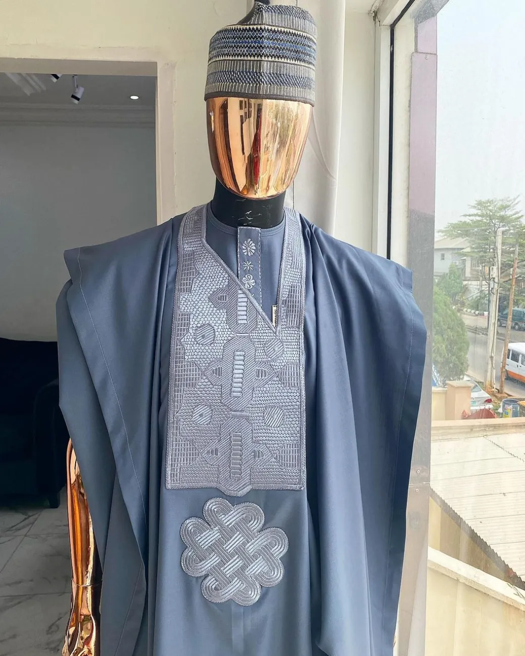 A Shade of Grey Agbada, matching Hausa Fulani Hat, senator kaftan and sokoto