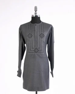 A Shadow Grey, front flap with connected cube, black Swarovski button and stones detailing african traditional senator kaftan native.