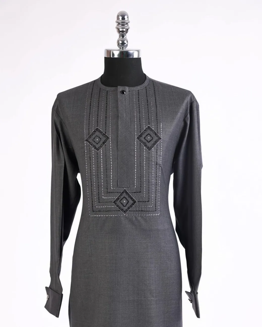 A Shadow Grey, front flap with connected cube, black Swarovski button and stones detailing african traditional senator kaftan native.