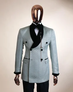 A shawl lapel, Double breathed, pick stitched splashed navy mint green, cream metallic jacquard tuxedo suit
