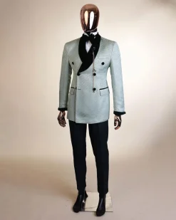 A shawl lapel, Double breathed, pick stitched splashed navy mint green, cream metallic jacquard tuxedo suit