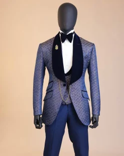 A shawl lapel, splashed navy blue, orange and silver metallic jacquard tuxedo suit