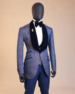 A shawl lapel, splashed navy blue, orange and silver metallic jacquard tuxedo suit