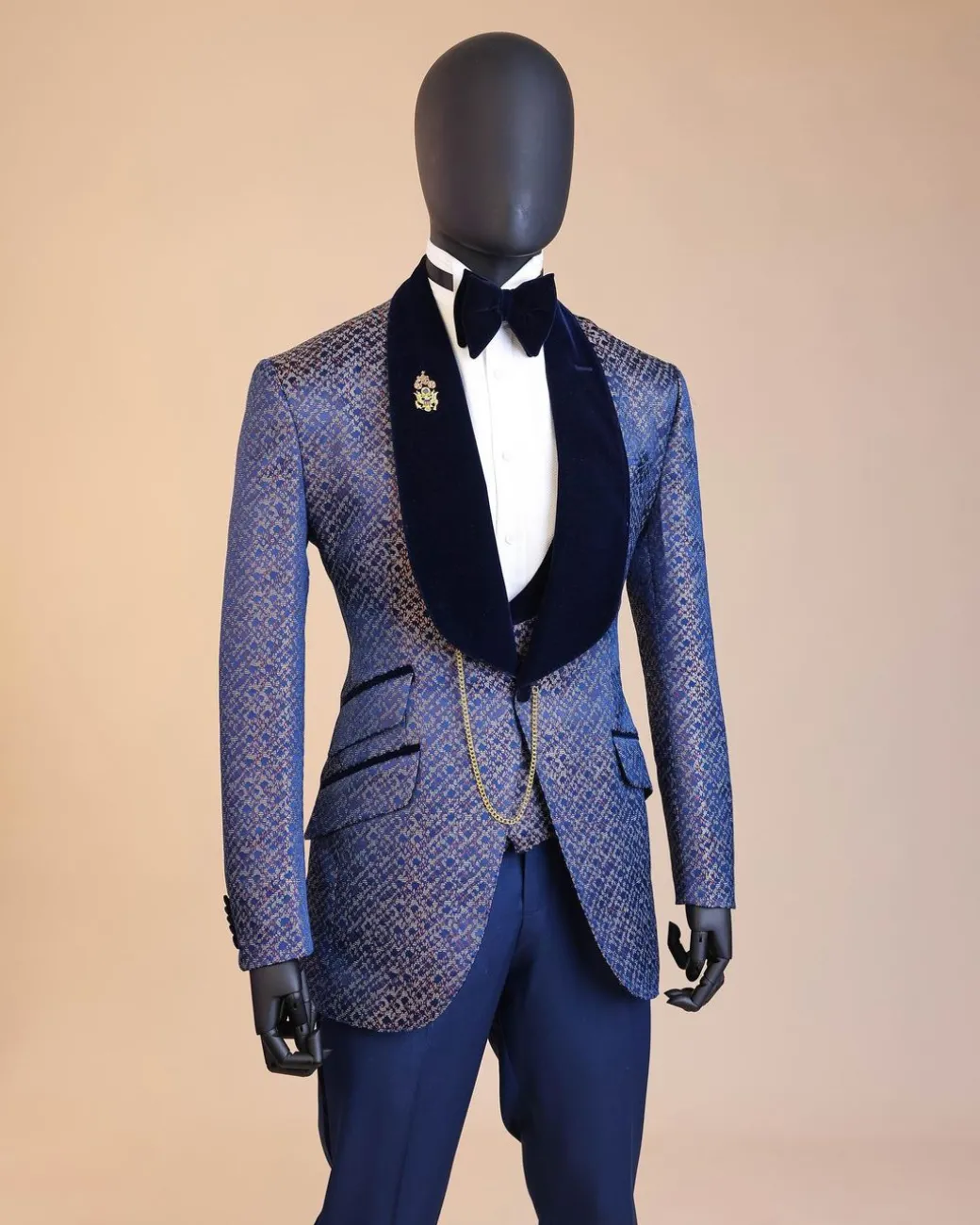 A shawl lapel, splashed navy blue, orange and silver metallic jacquard tuxedo suit