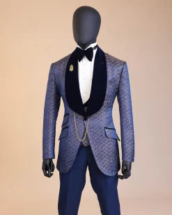 A shawl lapel, splashed navy blue, orange and silver metallic jacquard tuxedo suit