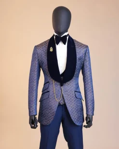 A shawl lapel, splashed navy blue, orange and silver metallic jacquard tuxedo suit