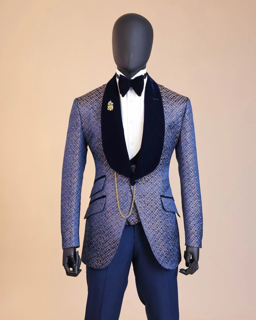 A shawl lapel, splashed navy blue, orange and silver metallic jacquard tuxedo suit