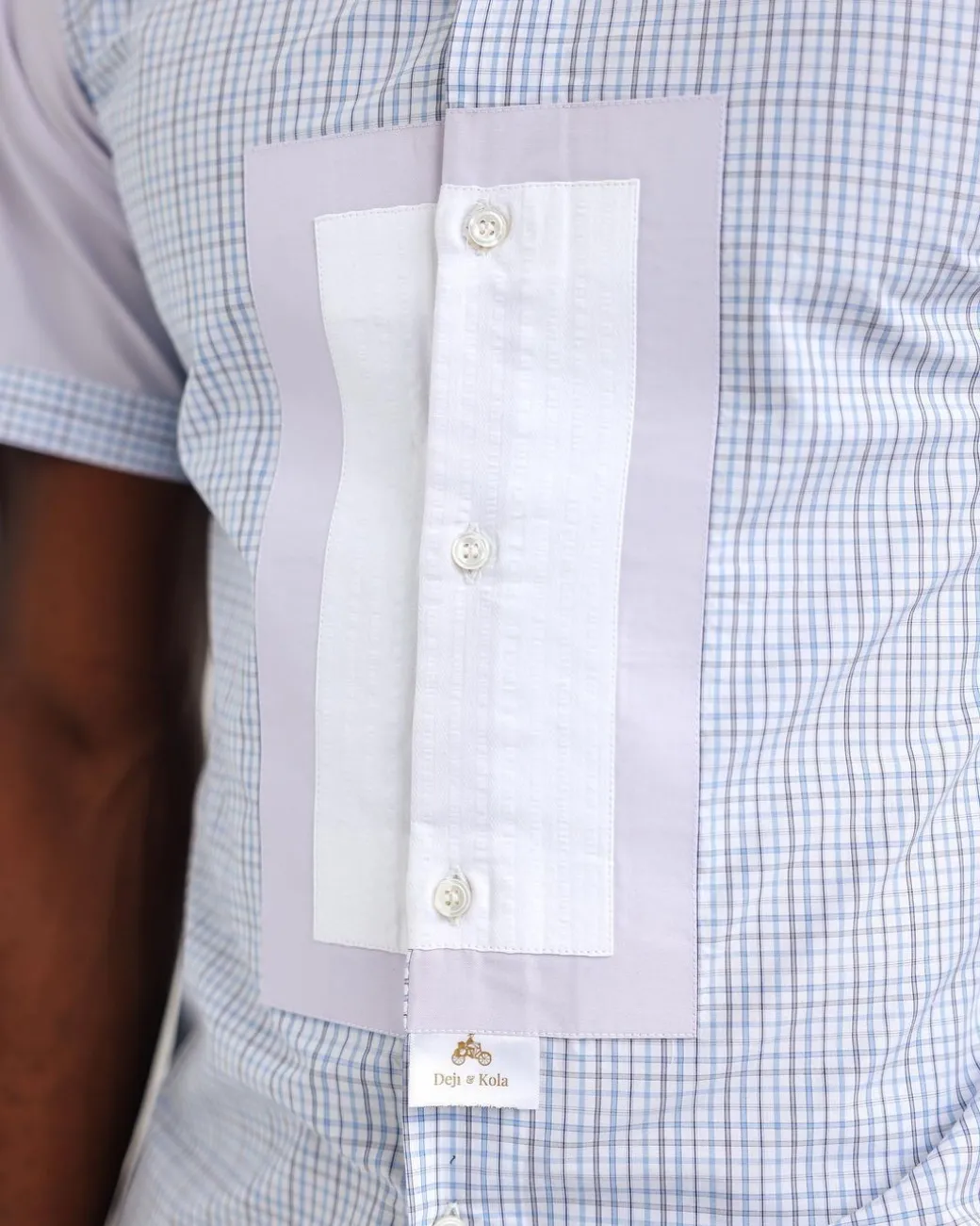 A Short sleeve, boxed layered lilac and white, check casual shirt.