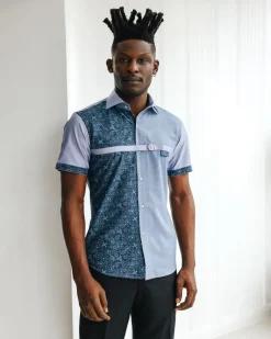 A Short sleeve, prints & plain with metal strap overlay casual shirt.