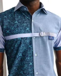 A Short sleeve, prints & plain with metal strap overlay casual shirt.