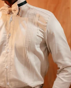 A Silk, Brown Dessert Sand Pleated Tuxedo Shirt.