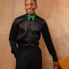 A Silk, Charcoal Black, Pleated Tuxedo Shirt.