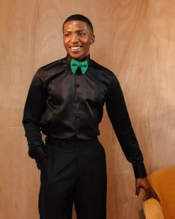 A Silk, Charcoal Black, Pleated Tuxedo Shirt.