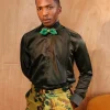 A Silk, dark seaweed green, pleated tuxedo shirt.