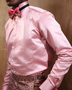 A Silk, Pink, Wing Collar, Pleated Tuxedo Shirt