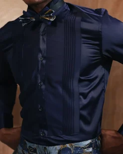 A Silk Skye Blue Pleated Tuxedo Shirt