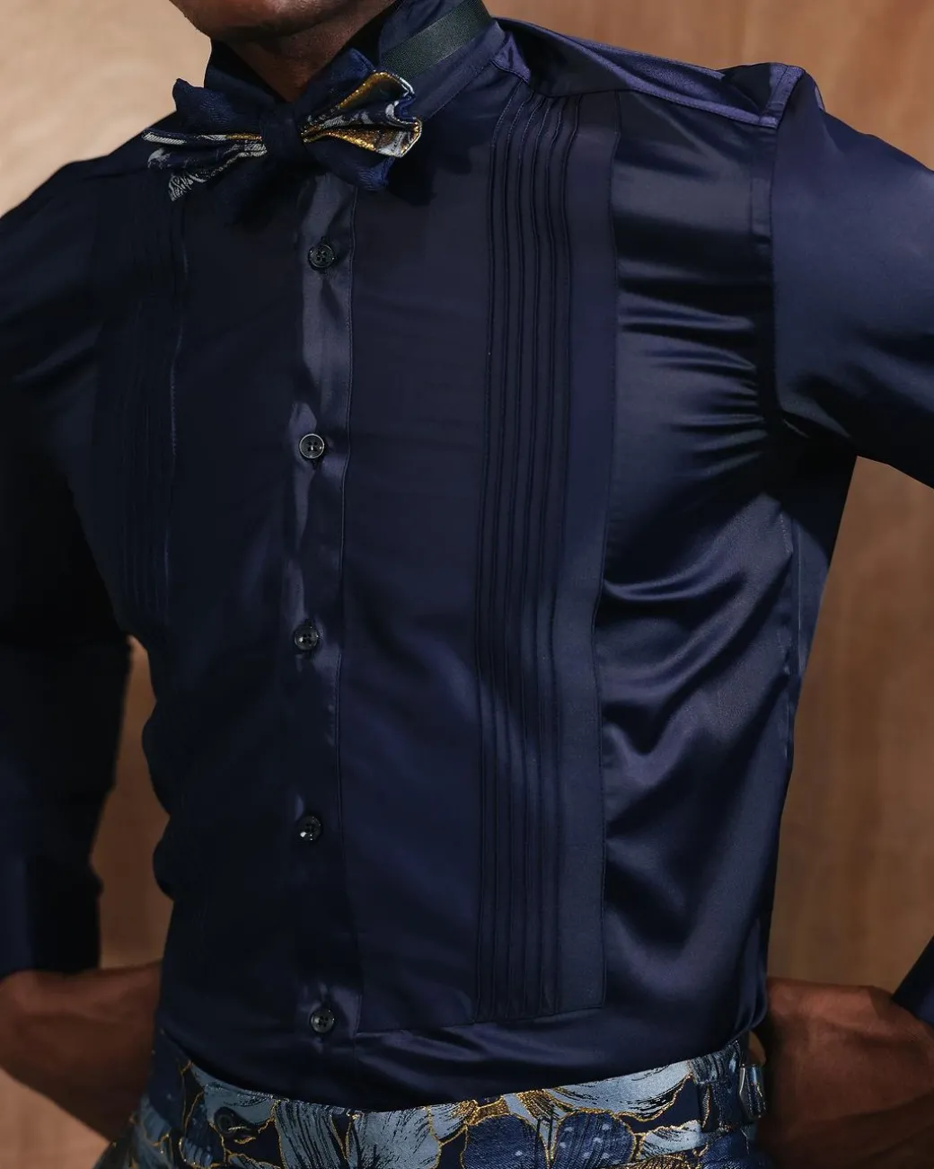 A Silk Skye Blue Pleated Tuxedo Shirt