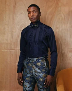 A Silk Skye Blue Pleated Tuxedo Shirt