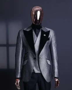 A Silver and black, knitted, jacquard peak lapel tuxedo suit