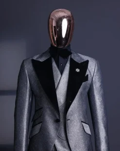 A Silver and black, knitted, jacquard peak lapel tuxedo suit