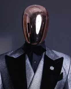 A Silver and black, knitted, jacquard peak lapel tuxedo suit