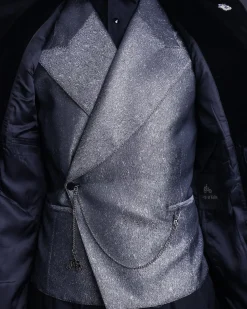 A Silver and black, knitted, jacquard peak lapel tuxedo suit