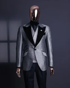 A Silver and black, knitted, jacquard peak lapel tuxedo suit