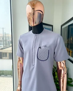 A silver grey, padded ruffles pocket detailing African traditional senator Kaftan native.