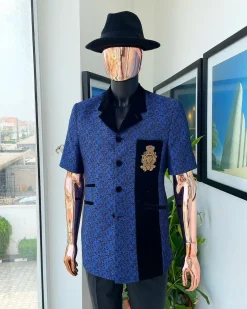A Sky Blue And Splash Of Navy Blue Floral Jacquard Notch Lapel, Short-Sleeve Safari Suit
