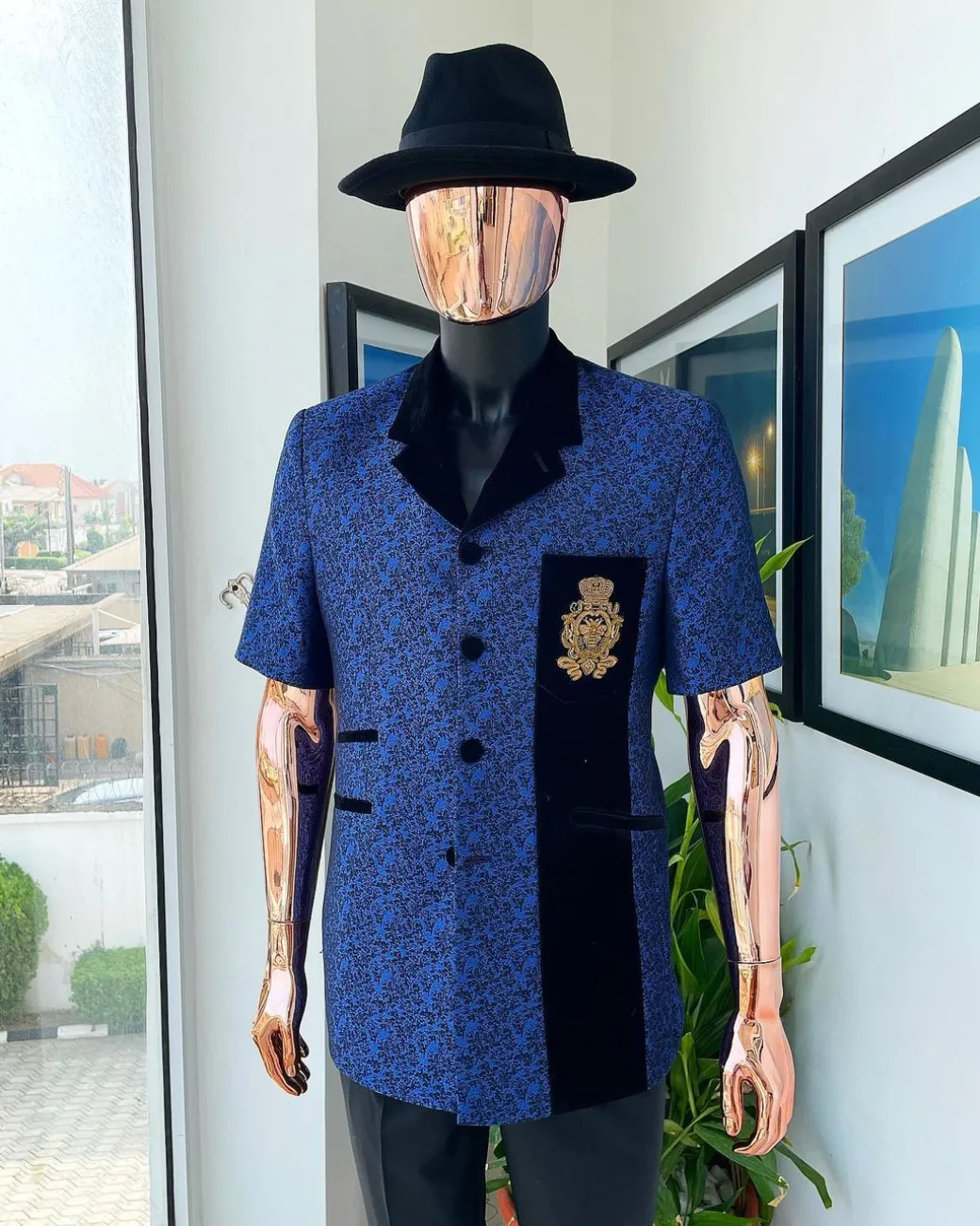 A Sky Blue And Splash Of Navy Blue Floral Jacquard Notch Lapel, Short-Sleeve Safari Suit