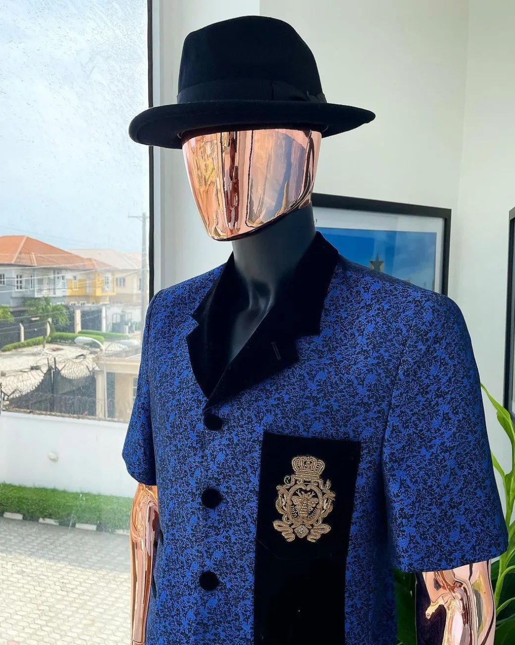 A Sky Blue And Splash Of Navy Blue Floral Jacquard Notch Lapel, Short-Sleeve Safari Suit