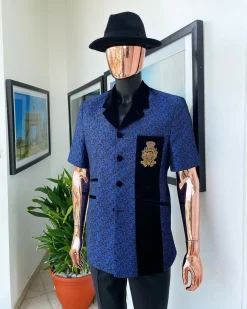 A Sky Blue And Splash Of Navy Blue Floral Jacquard Notch Lapel, Short-Sleeve Safari Suit