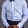 A Sky Blue, Covered Button, Connected Paisley Print Tuxedo Shirt.