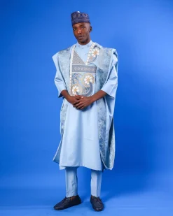 A sky blue galactical embroidery with gold and blue print jacquard details agbada