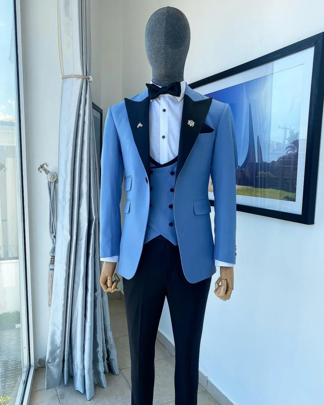 A Sky Blue Peak Lapel Tuxedo Suit