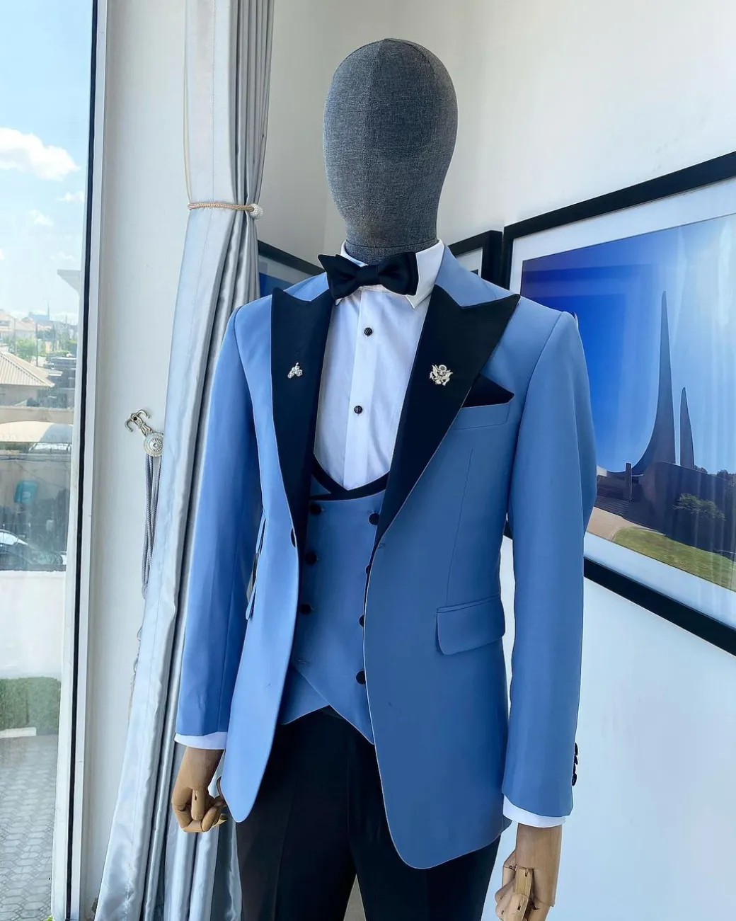 A Sky Blue Peak Lapel Tuxedo Suit